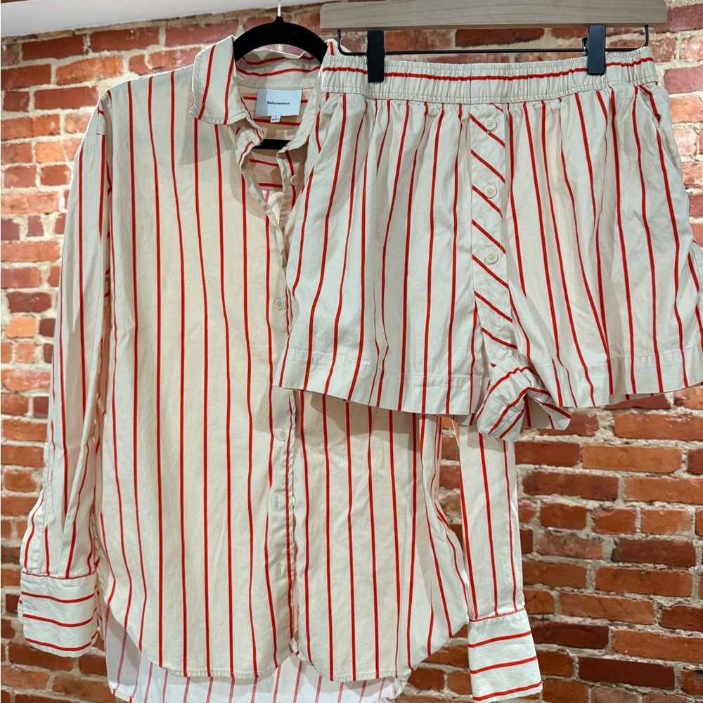 Reformation button down shirt and matching shorts
